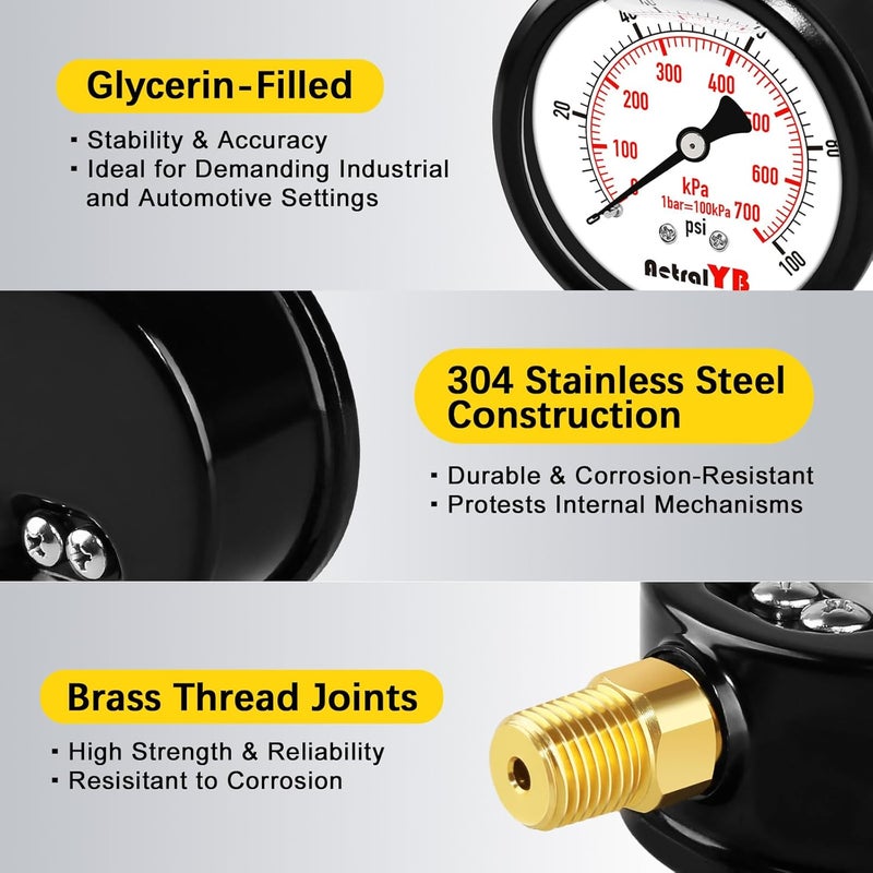 AetralYB 0-100 Psi 2.5 Inch Pressure Gauge Stainless Steel Case, Liquid Filled,1/4" NPT Lower Mount, IP67 Waterproof, for Water Pump, Pneumatic Air, Well, RV Hose, Tank, Gas - Image 3